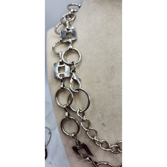 Multi Shaped Looped Silvertone Necklace 36" - Picture 2 of 2
